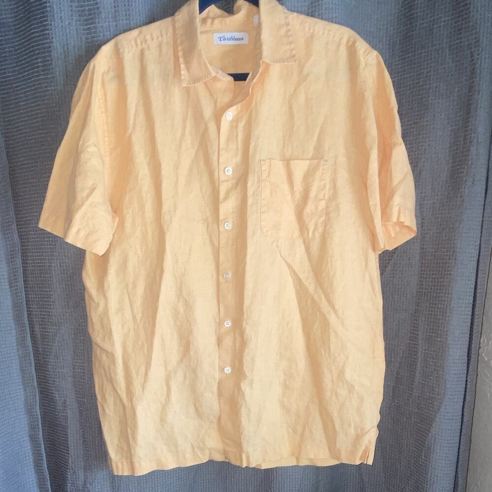 Caribbean Men’s L Solid Orange Linen Short Sleeve Button-Up Shirt Pockets